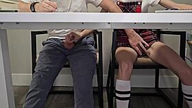 skinny student flashes wet pussy under desk in class?