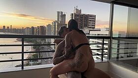 She rides his throbbing cock cowgirl style until explosive orgasm at sunset