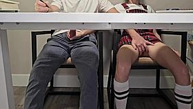 skinny student flashes wet pussy under desk in class?