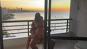 She rides his throbbing cock cowgirl style until explosive orgasm at sunset