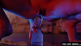 Brunette rams huge ice dildo into tight asshole closeup