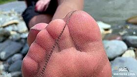 😘 goddess teases her cute nylon soles and toes riverside in tan pantyhose! 👣
