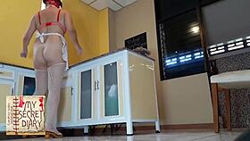Naked housekeeper bakes nude in kitchen flashing tits bare feet voyeur style 😏🍑