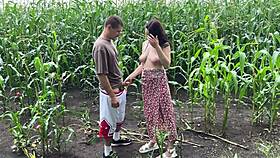 Suggestive outdoor fuck in rainy cornfield, cumming all over her juicy ass