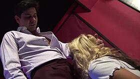 Busty blonde pole dancer rides barman cock then takes his hot piss facial