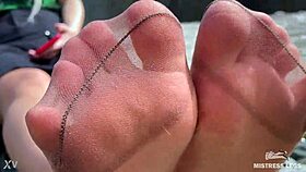 😘 goddess teases her cute nylon soles and toes riverside in tan pantyhose! 👣