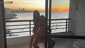 She rides his throbbing cock cowgirl style until explosive orgasm at sunset