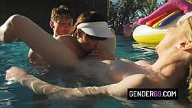 imagine four shemales slurping cocks then bareback slamming in wild pool orgy