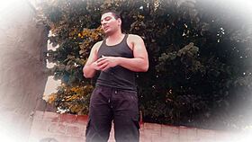 Muscular kickboxer rips pants for hot masturbation tease?