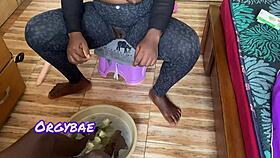 seductive ebony housewife teases with pedicure in lingerie wet pussy reveal