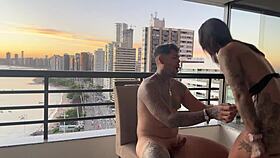 She rides his throbbing cock cowgirl style until explosive orgasm at sunset