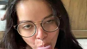 nerdy brunette with big natural tits gives deep blowjob to wellington prado in jeans shorts