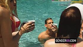imagine four shemales slurping cocks then bareback slamming in wild pool orgy