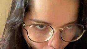 nerdy brunette with big natural tits gives deep blowjob to wellington prado in jeans shorts