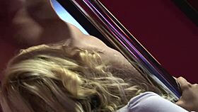 Busty blonde pole dancer rides barman cock then takes his hot piss facial