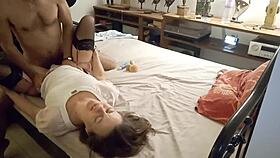 Blonde French amateur SLUT in dress panties heels garter STOCKINGS takes DOGGY deepthroat rimjob