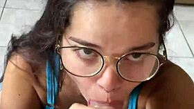 nerdy brunette with big natural tits gives deep blowjob to wellington prado in jeans shorts