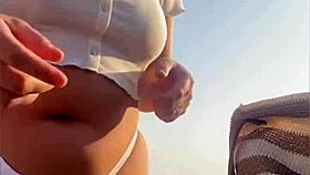 redhead beach exhibitionist flashes big swollen pussy lips