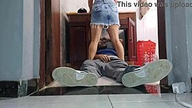 Cheating wife in skirt no panties rides plumber's huge cock bareback