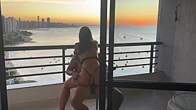 She rides his throbbing cock cowgirl style until explosive orgasm at sunset