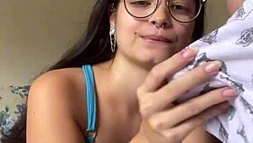 nerdy brunette with big natural tits gives deep blowjob to wellington prado in jeans shorts