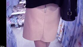 Sexy Skirt Tease Reveals Wet Pussy and Stockings in Public Upskirt
