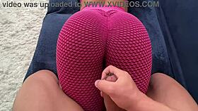 He rubs against her sexy yoga pants ass getting all horny
