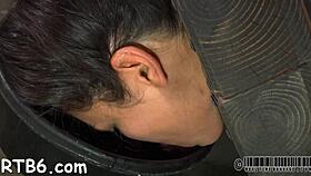 Pretty hottie sucks cock deep in bondage contest for massive facial finish
