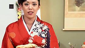 Erotic asian brunette in kimono poses then rides cock craving deep creampie fill