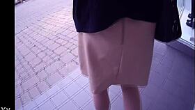 Sexy Skirt Tease Reveals Wet Pussy and Stockings in Public Upskirt