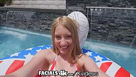 on the fourth of july, two hung dicks explode multiple facials on a redhead in high definition