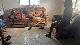 Screaming skinny ebony takes group pounding from black colleagues moaning loud