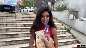 A cute brunette wins street game with deepthroat creampie prize