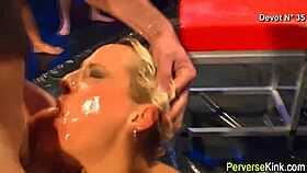This milf gulps down piss and jizz in steamy group play with stockings