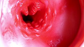 Big red cock thrusts deep in juicy oiled pussy hole ready to explode with cum close up