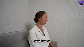 boss rams petite secretary pantera nika's tight shaved pussy cowgirl during interview blowjob cum tongue