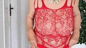 busty granny mariaold teases hairy pussy closeup in overalls