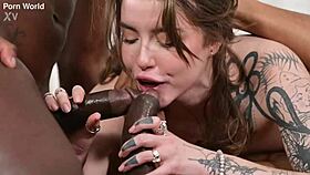 Tattooed teacher laps up cum after dp threesome with mature guys in skirt and stockings