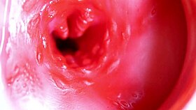 Big red cock thrusts deep in juicy oiled pussy hole ready to explode with cum close up