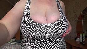 Chubby Mature Milf's Big Saggy Natural Tits Swing Wildly in Close-Up Solo View