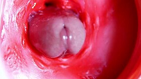 Big red cock thrusts deep in juicy oiled pussy hole ready to explode with cum close up