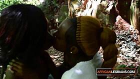 Curvy black lesbians finger fat clits outdoors leading to messy strapon orgasms