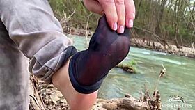 Intense nylon feet tease in jeans outdoor fetish compilation