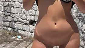 Brunette 18yo flashes risky public POV pounding