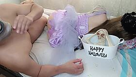 Busty Asian amateur cosplays sexy witch for first intense anal penetration
