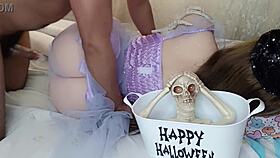 Busty Asian amateur cosplays sexy witch for first intense anal penetration