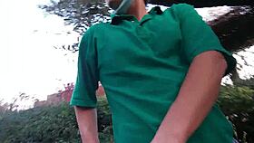 Risky park public quickie outdoor forest pussy fucking cumswap swallow deepthroat almost caught sloppy wet