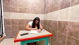 Curvy ebony student sneaks a deep blowjob to professor in empty classroom