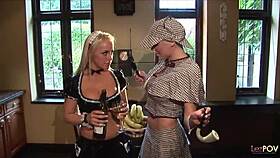 Lesbian Sherlock's big fake tits and tongue fuck maid with bananas