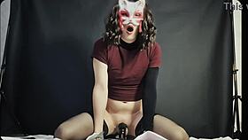 hey mina, cum twice on this huge dildo kitsune mask on